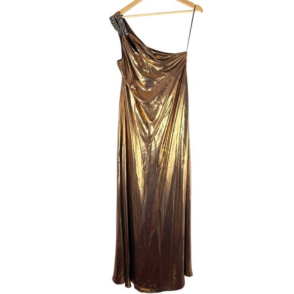 Lauren Ralph Lauren Metallic Chiffon One Shoulder Gown Party Size US 10 - Picture 2 of 14